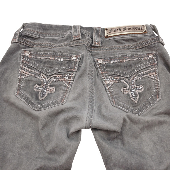 Rock Revival Boris Cropped Jeans Women’s 24 Gray Embellished Pockets Denim - Picture 6 of 14